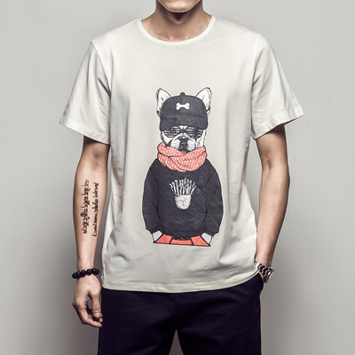 Tricou bărbătesc cu guler în formă de O alb-negru cu imprimeu