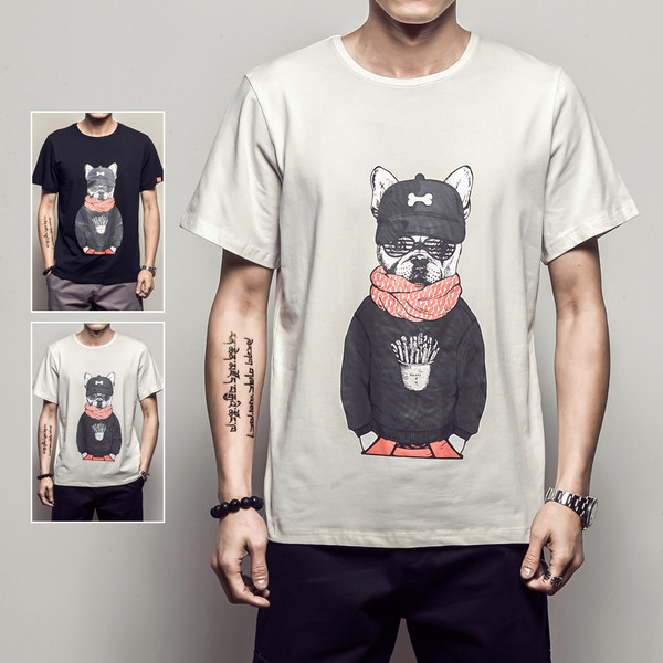 Tricou bărbătesc cu guler în formă de O alb-negru cu imprimeu