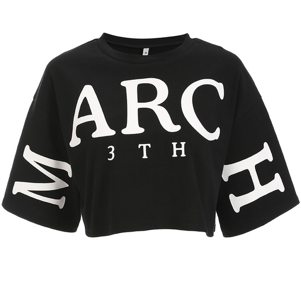 Bluză de damă scurtă, neagră, modernă, cu inscripție albă