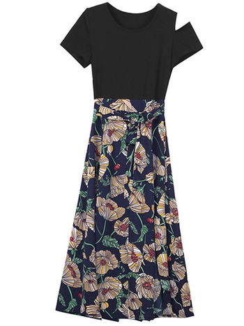 Стилна дамска рокля с флорални мотиви в два цвята