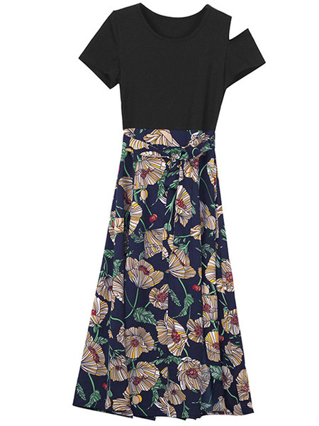 Стилна дамска рокля с флорални мотиви в два цвята 