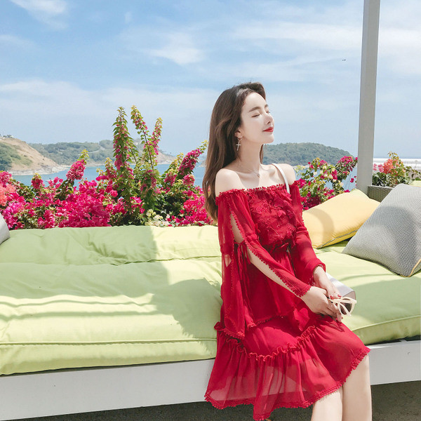 Rochie de dama din sifon cu maneci decupate potrivita pentru plaja in mai multe culori