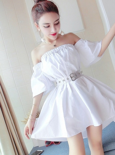 HIT Rochie modernă de damă cu mâneci căzute în alb și roz