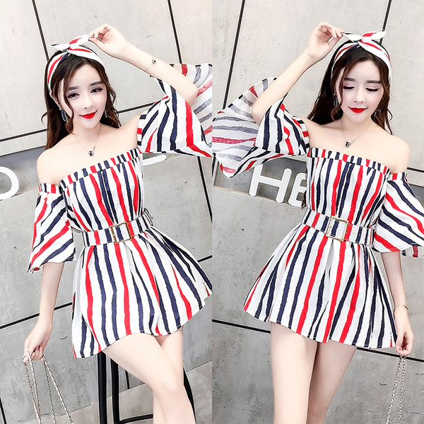 NOU Rochie de damă în dungi cu mâneci căzute