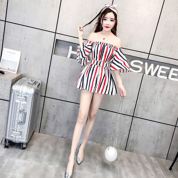 NOU Rochie de damă în dungi cu mâneci căzute