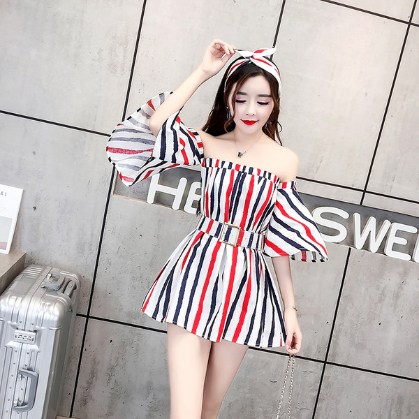 NOU Rochie de damă în dungi cu mâneci căzute