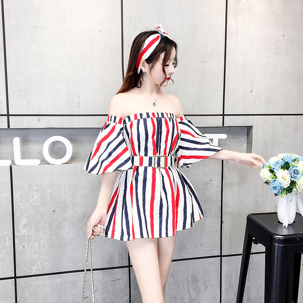 NOU Rochie de damă în dungi cu mâneci căzute