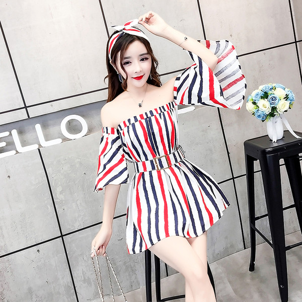 NOU Rochie de damă în dungi cu mâneci căzute