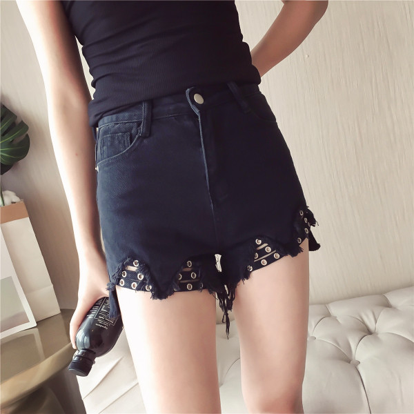 Blugi scurti de dama cu talie inalta si cu ochiuri in mai multe culori