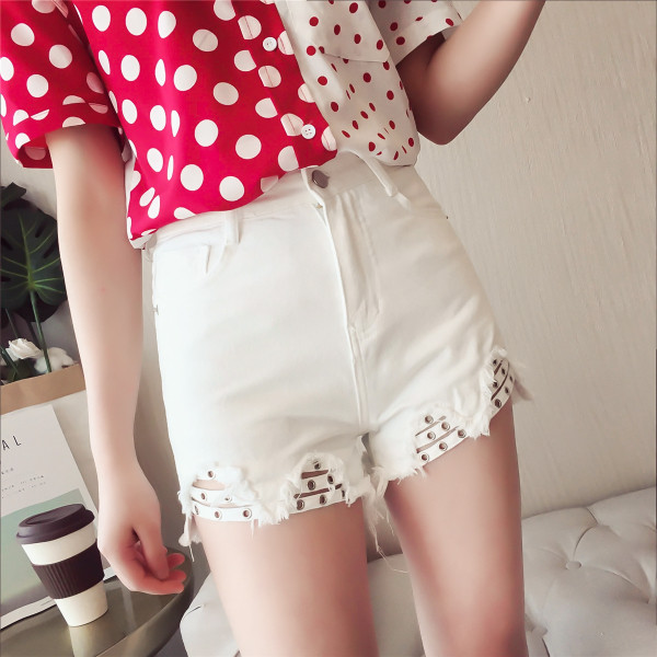 Blugi scurti de dama cu talie inalta si cu ochiuri in mai multe culori