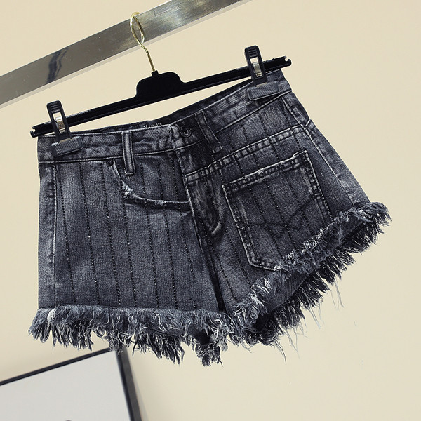 Blugi de dama scurti rupti cu talie inalta si pietre decorative