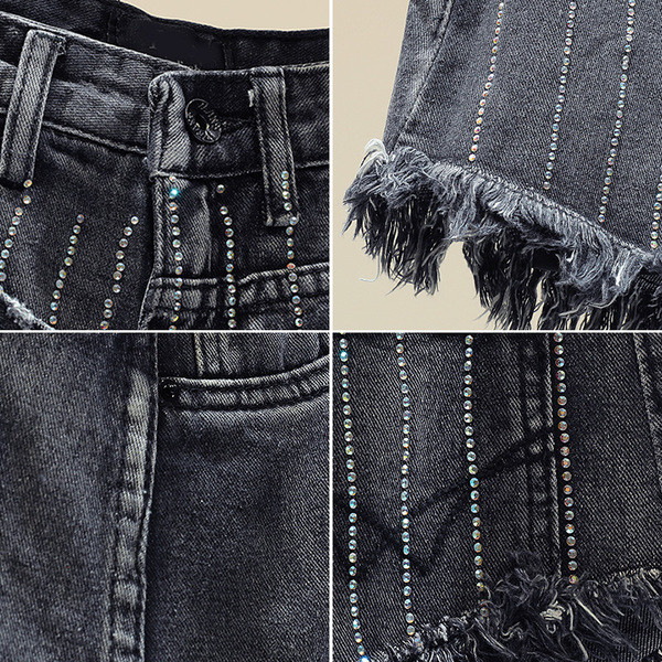 Blugi de dama scurti rupti cu talie inalta si pietre decorative