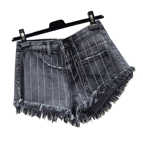 Blugi de dama scurti rupti cu talie inalta si pietre decorative