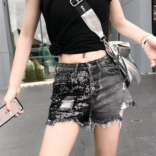 Blugi scurti moderni de dama cu talie inalta si paiete