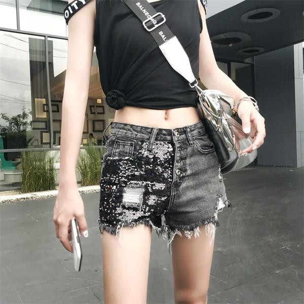 Blugi scurti moderni de dama cu talie inalta si paiete