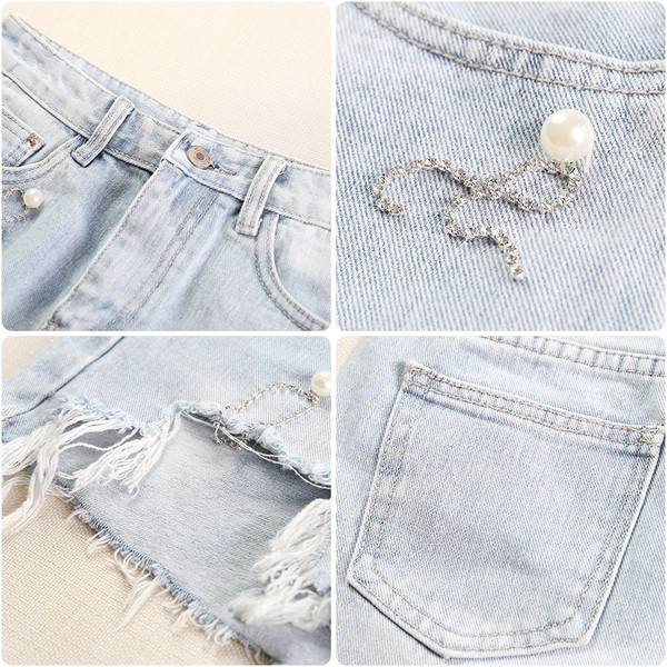 Blugi scurti moderni de dama cu perle si pietre decorative
