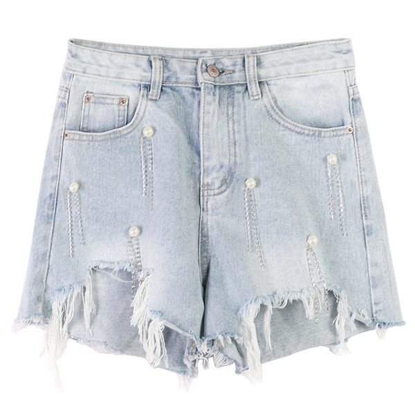 Blugi scurti moderni de dama cu perle si pietre decorative