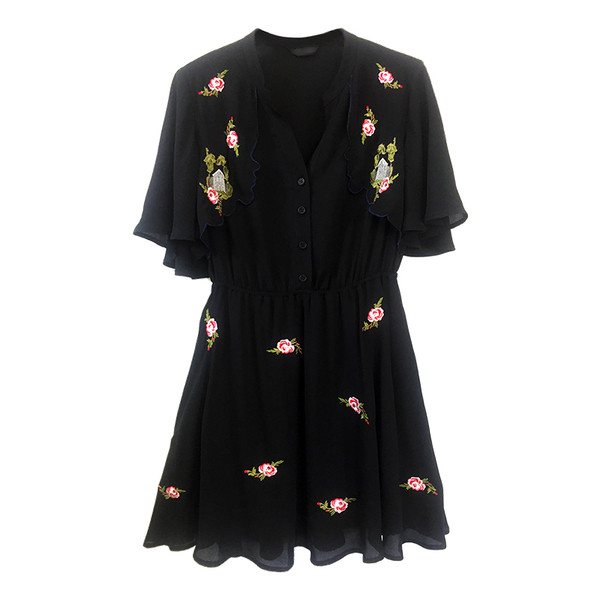 Rochie elegantă din șifon, cu motive florale și mâneci 3/4 de culoare neagră