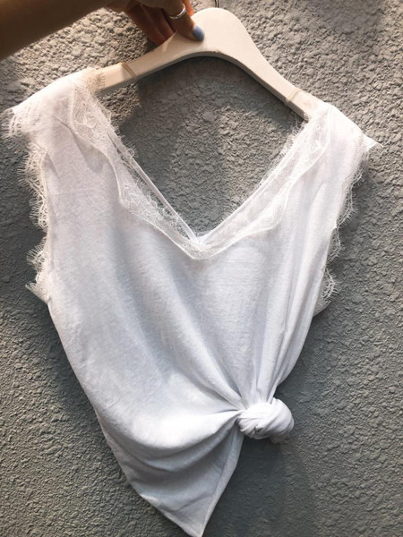 NOU bluză de damă din bumbac cu dantelă în albastru și alb