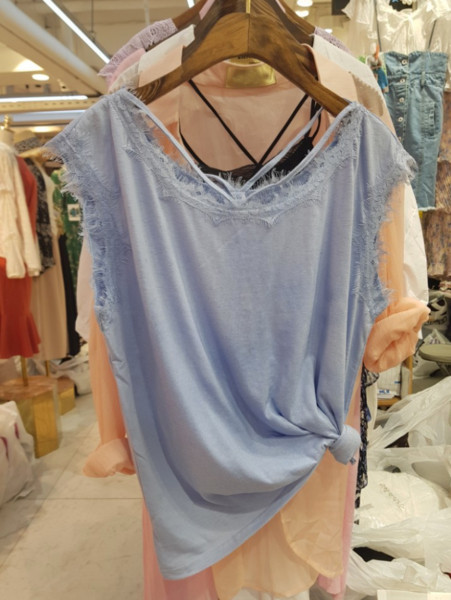 NOU bluză de damă din bumbac cu dantelă în albastru și alb