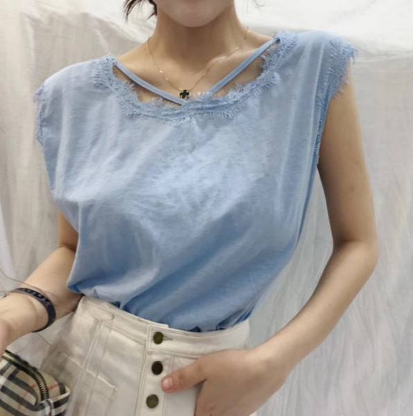 NOU bluză de damă din bumbac cu dantelă în albastru și alb