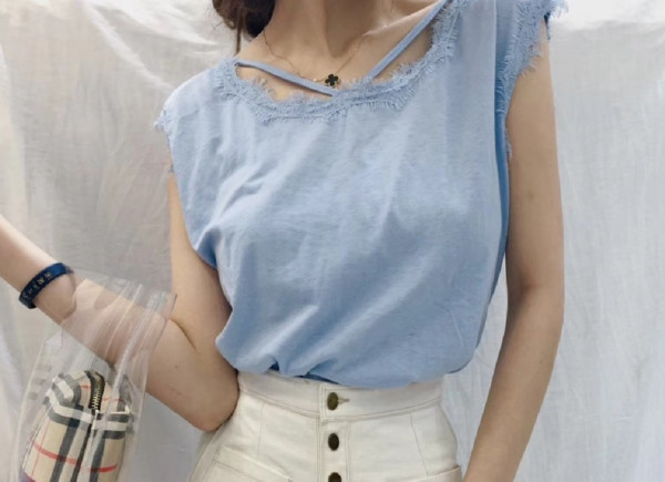 NOU bluză de damă din bumbac cu dantelă în albastru și alb