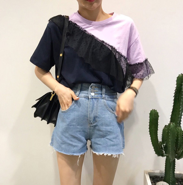 Bluză casual de damă cu dantelă în mov și alb