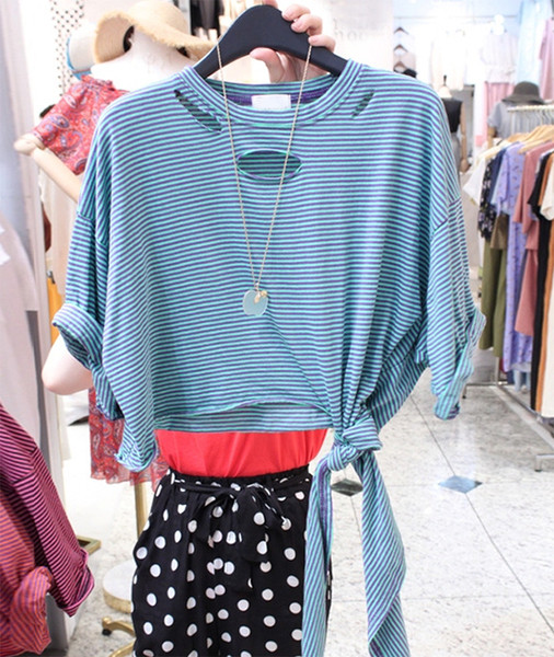 Bluză de damă modernă model cu dungi late în verde și albastru