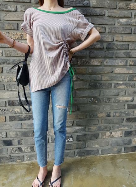 Bluza de dama asimetrica cu dungi din bumbac cu cravate in doua culori