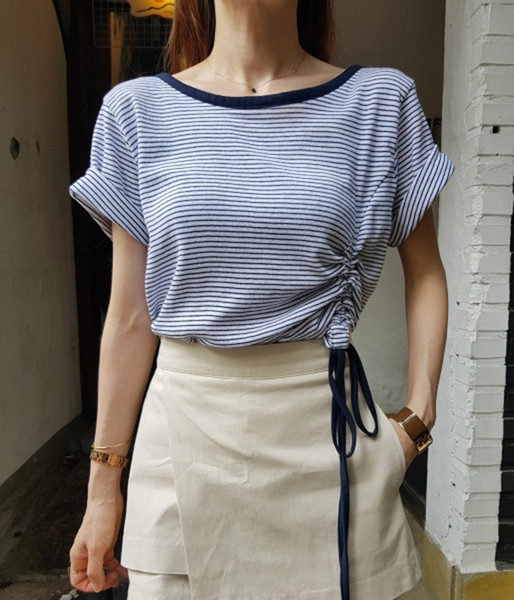 Bluza de dama asimetrica cu dungi din bumbac cu cravate in doua culori