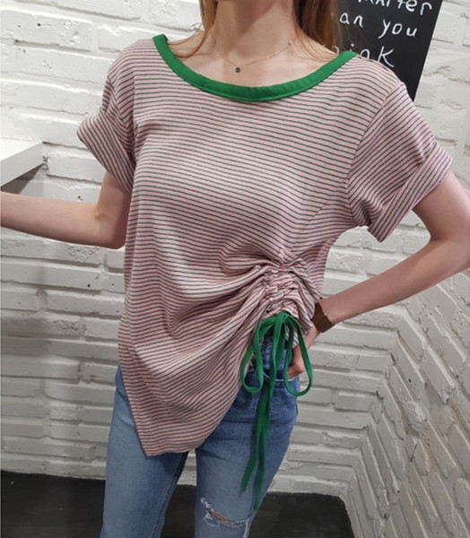 Bluza de dama asimetrica cu dungi din bumbac cu cravate in doua culori