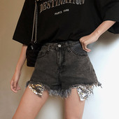 Blugi moderni de dama scurti cu paiete si talie inalta