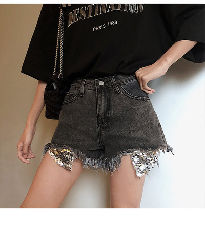 Blugi moderni de dama scurti cu paiete si talie inalta