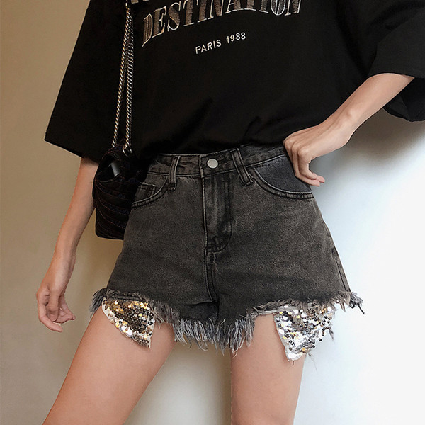 Blugi moderni de dama scurti cu paiete si talie inalta