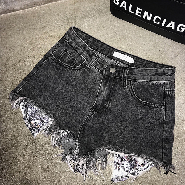 Blugi moderni de dama scurti cu paiete si talie inalta