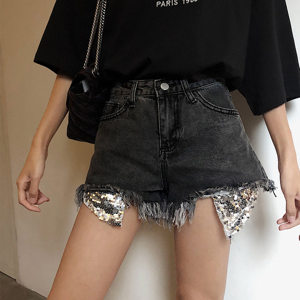 Blugi moderni de dama scurti cu paiete si talie inalta