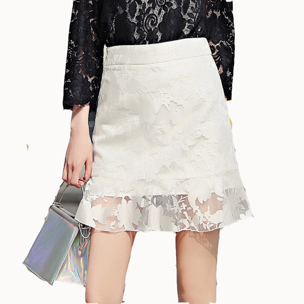 Fusta de dama eleganta talie inalta cu dantela in alb-negru