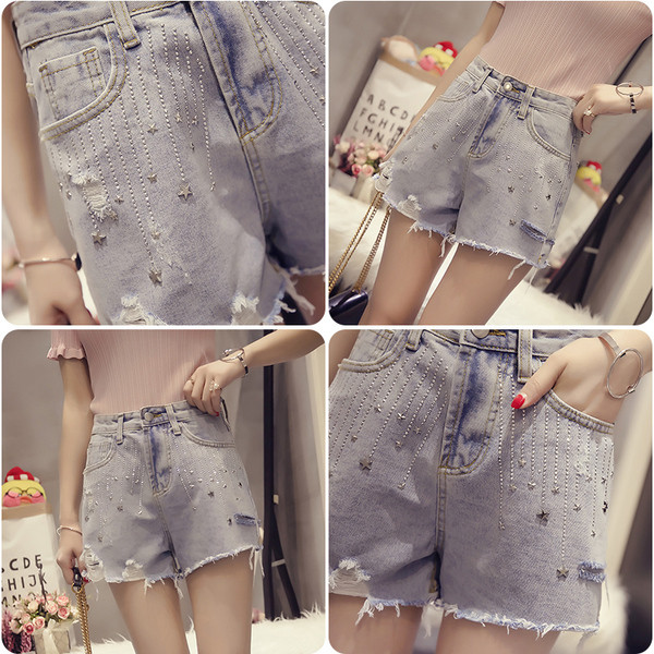 Blugi scurti de dama cu talie inalta si pietre decorative