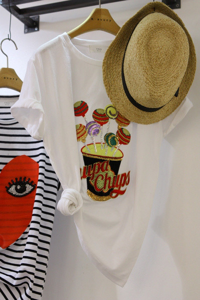 Tricou dama din bumbac alb-negru cu broderie