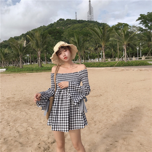 NOU Rochie de damă în carouri cu mâneci căzute