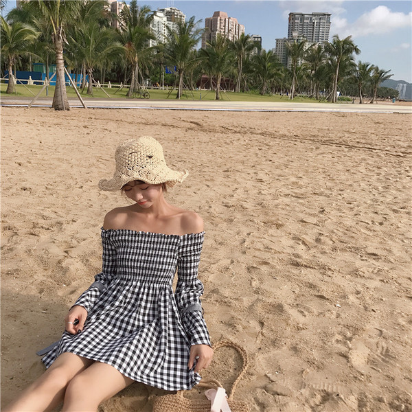 NOU Rochie de damă în carouri cu mâneci căzute