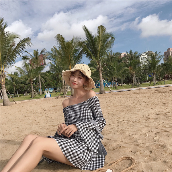 NOU Rochie de damă în carouri cu mâneci căzute