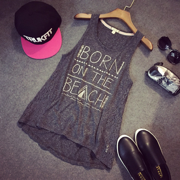 Maieu casual de dama cu inscriptie si dantela de culoare inchisa