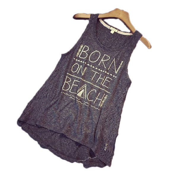 Maieu casual de dama cu inscriptie si dantela de culoare inchisa