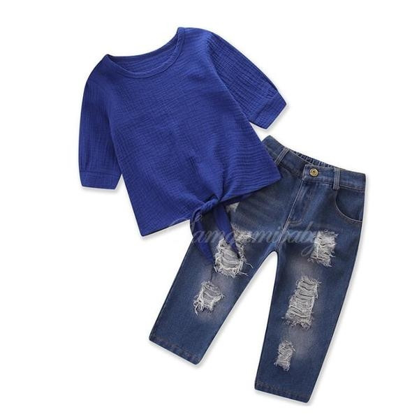 Set copii pentru fete din două părți - blugi și o bluză cu mâneci 3/4