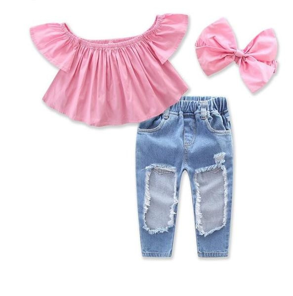 Set la modă pentru copii pentru fete, inclusiv blugi, bluză și bandă de păr