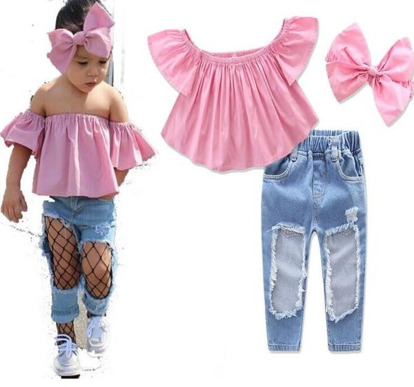 Set la modă pentru copii pentru fete, inclusiv blugi, bluză și bandă de păr