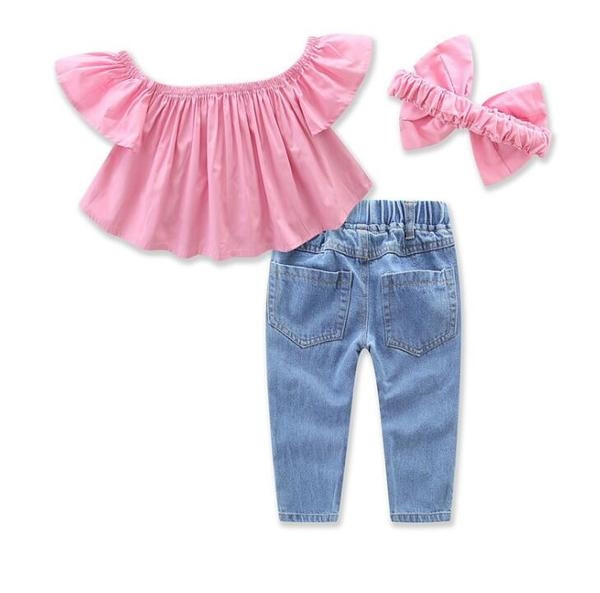 Set la modă pentru copii pentru fete, inclusiv blugi, bluză și bandă de păr
