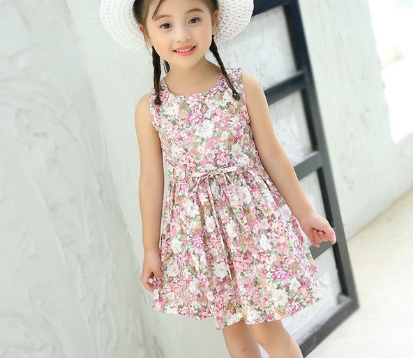 Rochie pentru copii din bumbac cu motive florale in doua culori