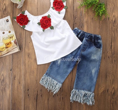 Set modern pentru copii pentru fete, inclusiv blugi și o bluză cu broderie